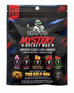 Zippy's Mystery Hockey Wax packaging in a black resealable pouch with red, white, and blue graphics, featuring a green alligator mascot and icons for different scent options.