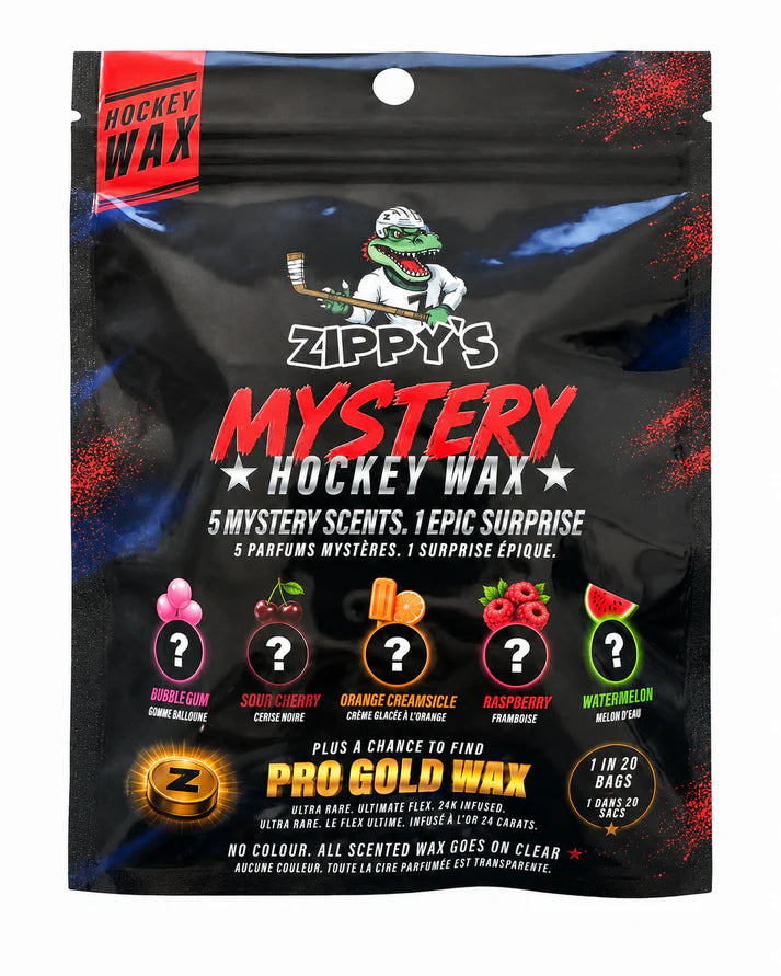 Zippy's Mystery Hockey Wax packaging in a black resealable pouch with red, white, and blue graphics, featuring a green alligator mascot and icons for different scent options.