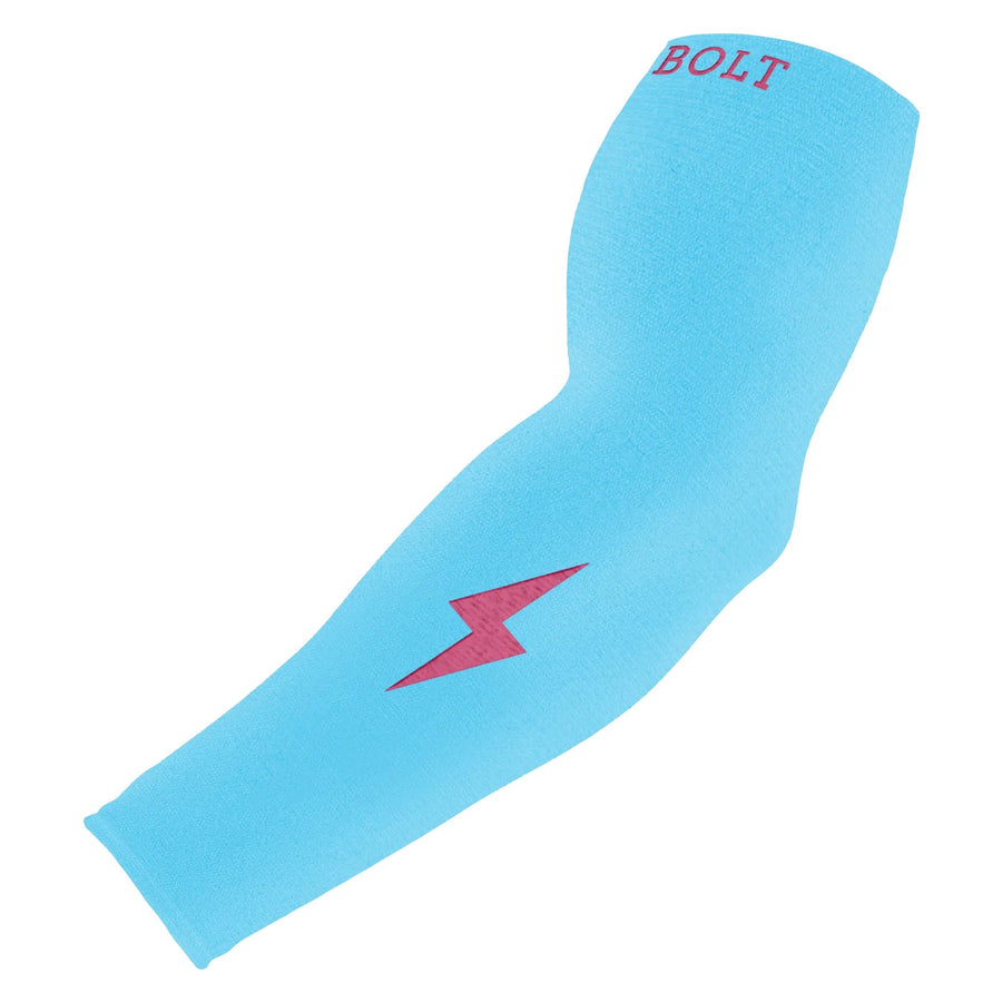 Blue arm sleeve with a white lightning bolt on a white background Bruce Bolt