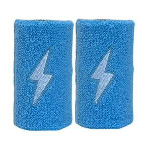 Two blue wristbands with lightning bolt designs on a white background