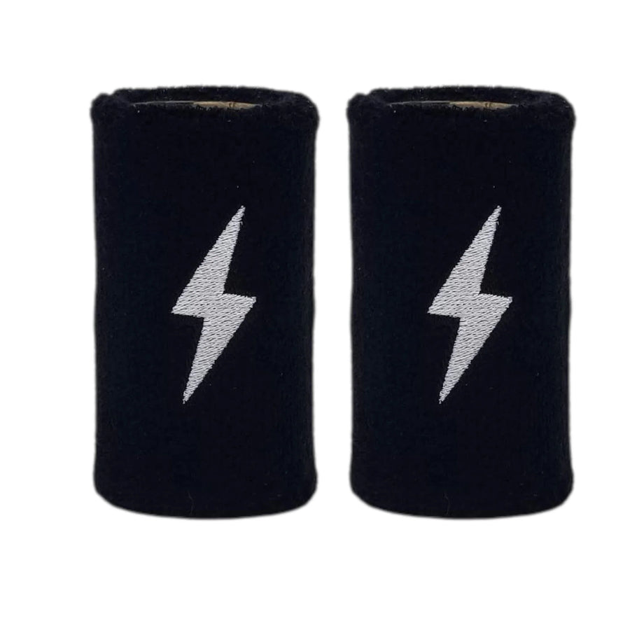 Two gray wristbands with black lightning bolt designs on a white background