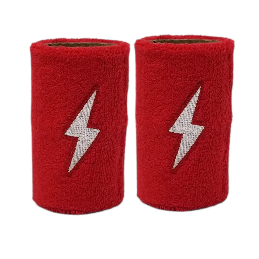 Two gray wristbands with black lightning bolt designs on a white background