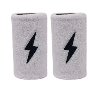 Two gray wristbands with black lightning bolt designs on a white background