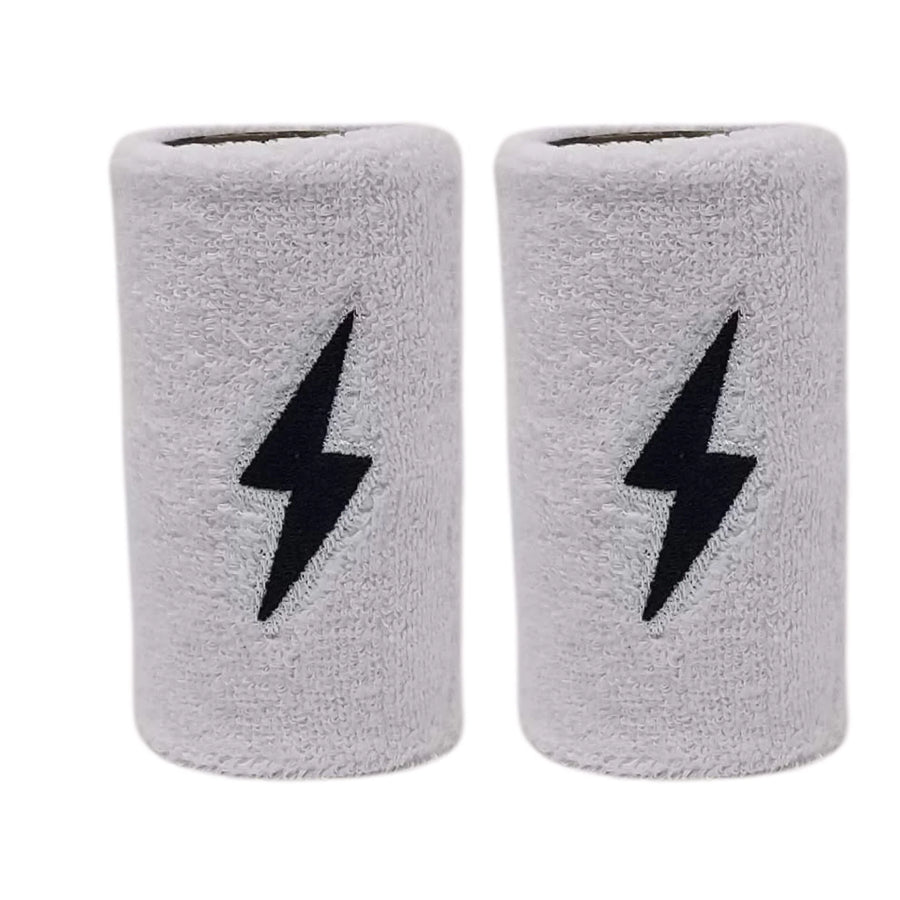 Two gray wristbands with black lightning bolt designs on a white background